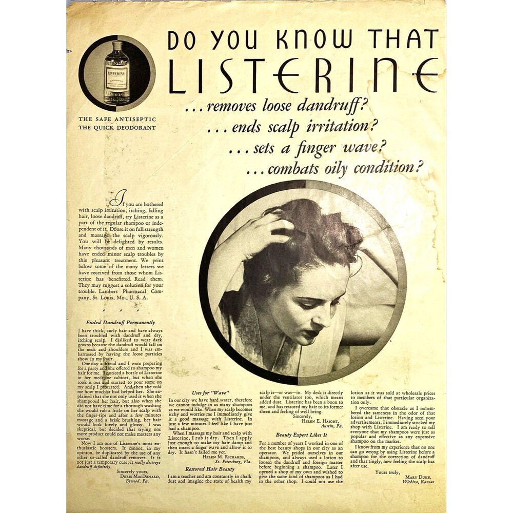 Listerine "Do you know that Listerine removes loose dandruff?" Vtg Print Ad 1931